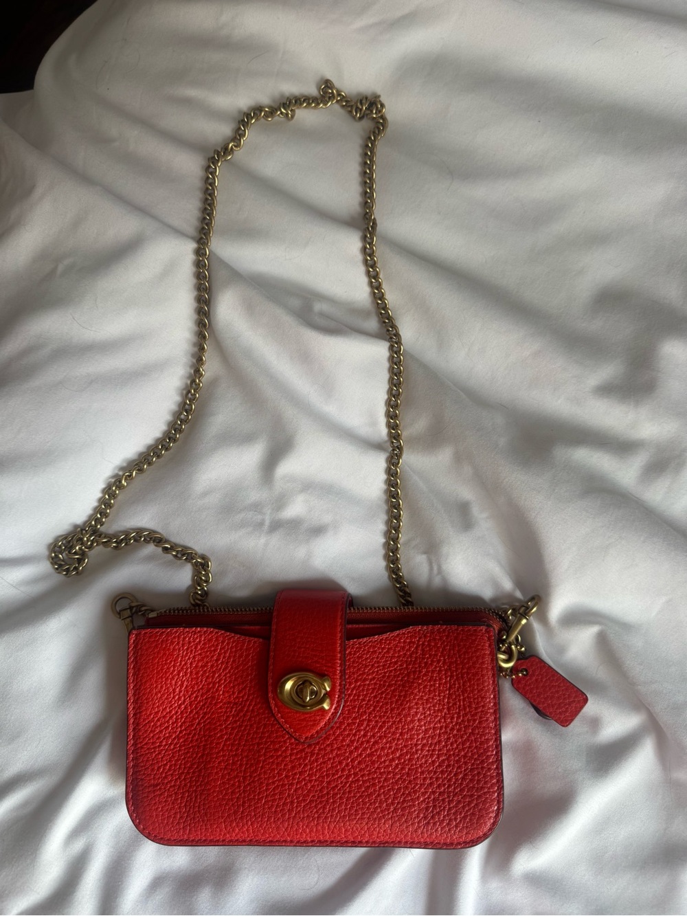 Coach Red Pebbled Leather Crossbody with Gold Chain